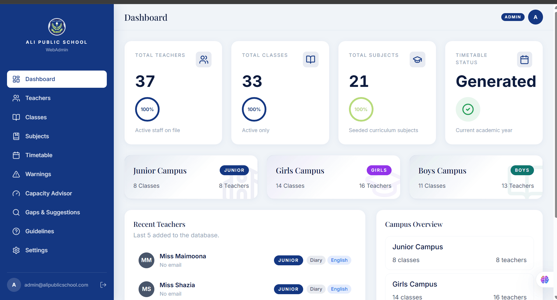 Ali Public School — Timetable System — screenshot